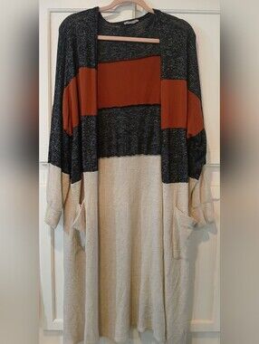 Hummingbird open-front duster cardigan, color block, pockets, Size L